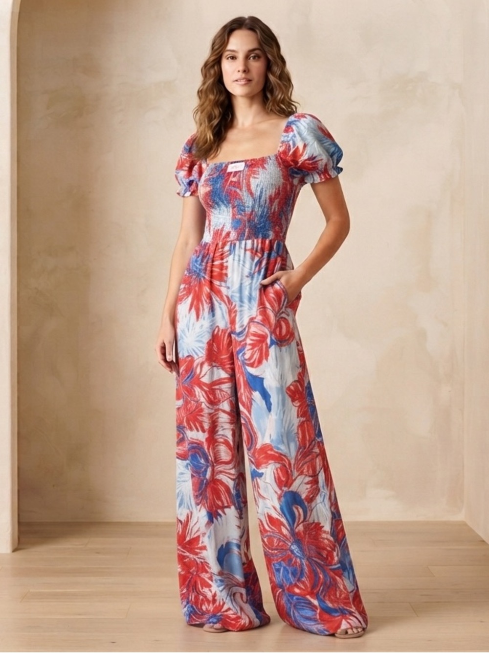 Square-Neck Smocked Wide-Leg Jumpsuit in Red, Blue & White Floral